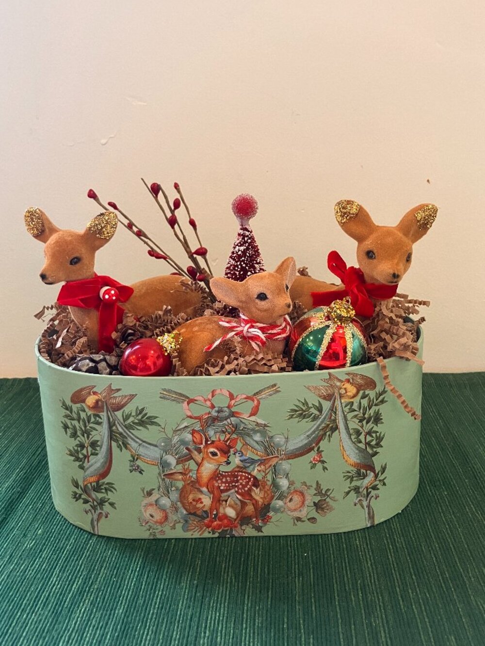 Vintage Family Flocked Reindeer in a Christmas Box